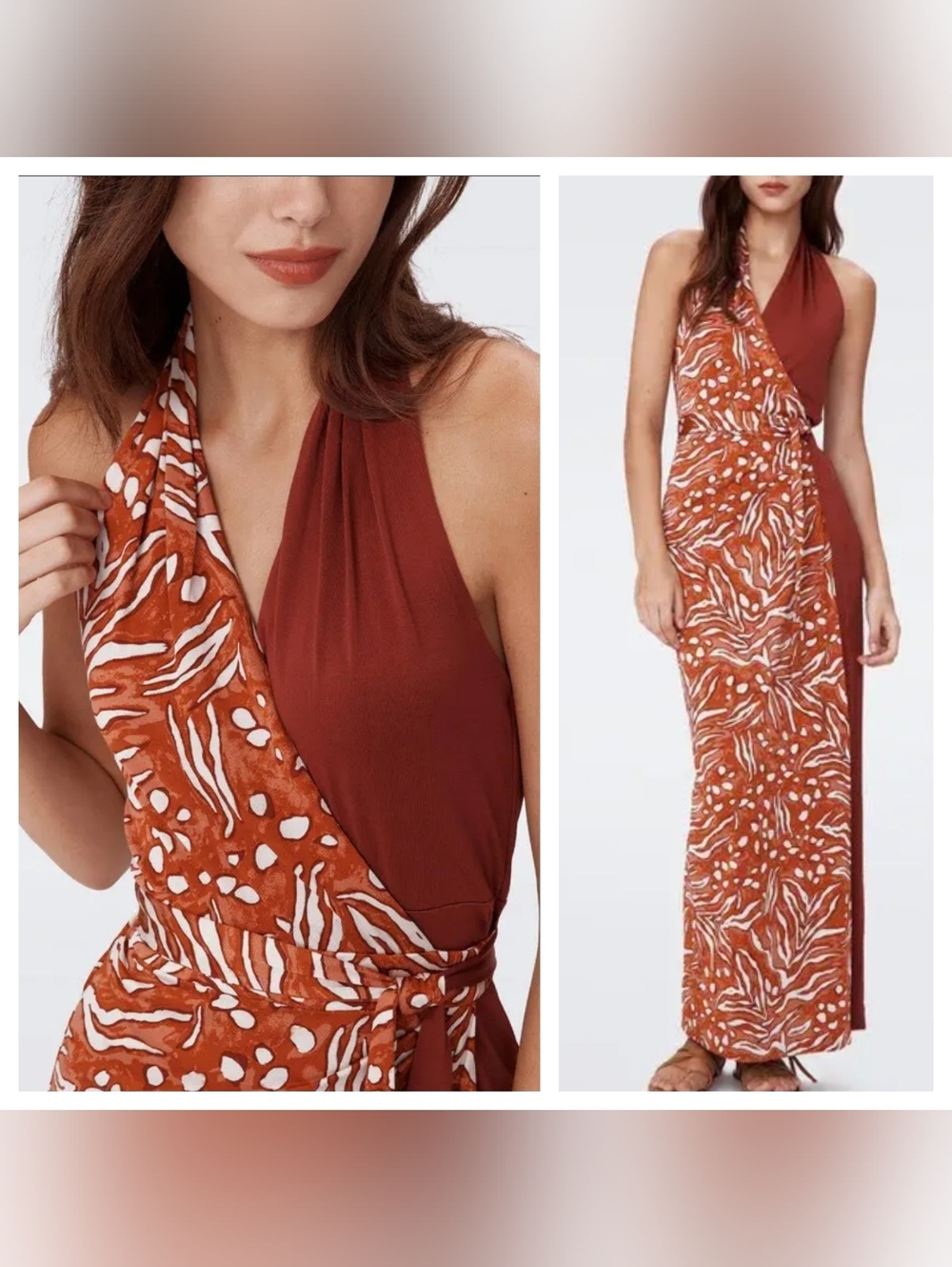 Diane Vin Furstenberg Chase Dress Rust Animal Print Halter Maxi Wrap Dress